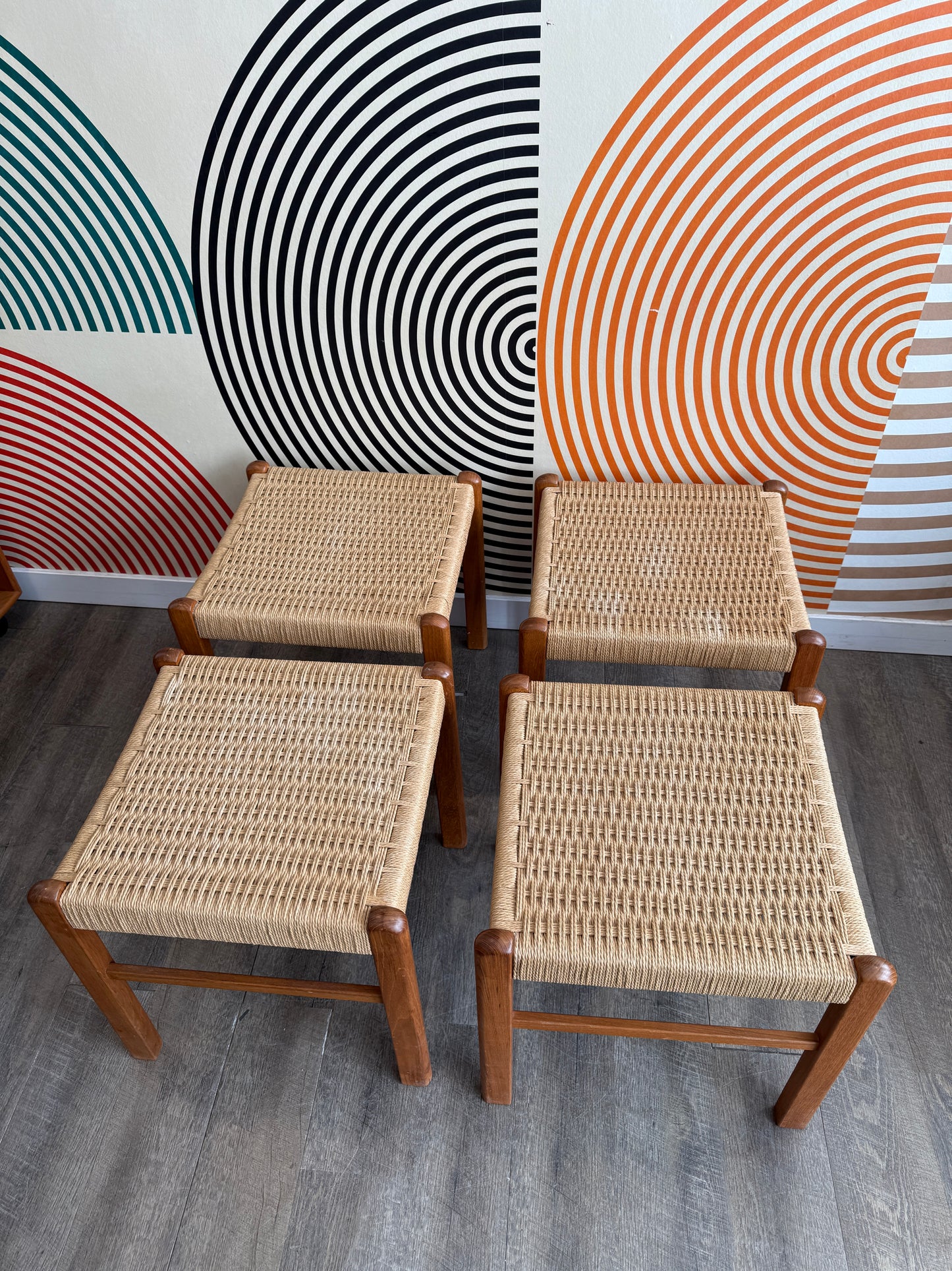 Vintage Teak and Papercord Stools by Sun Cabinet, Thailand