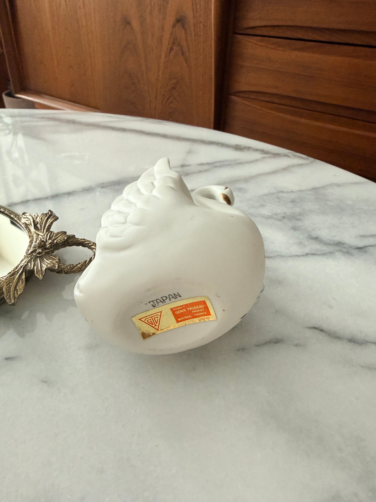 Vintage Japanese Ceramic Swan Vase with Flower Appliqué