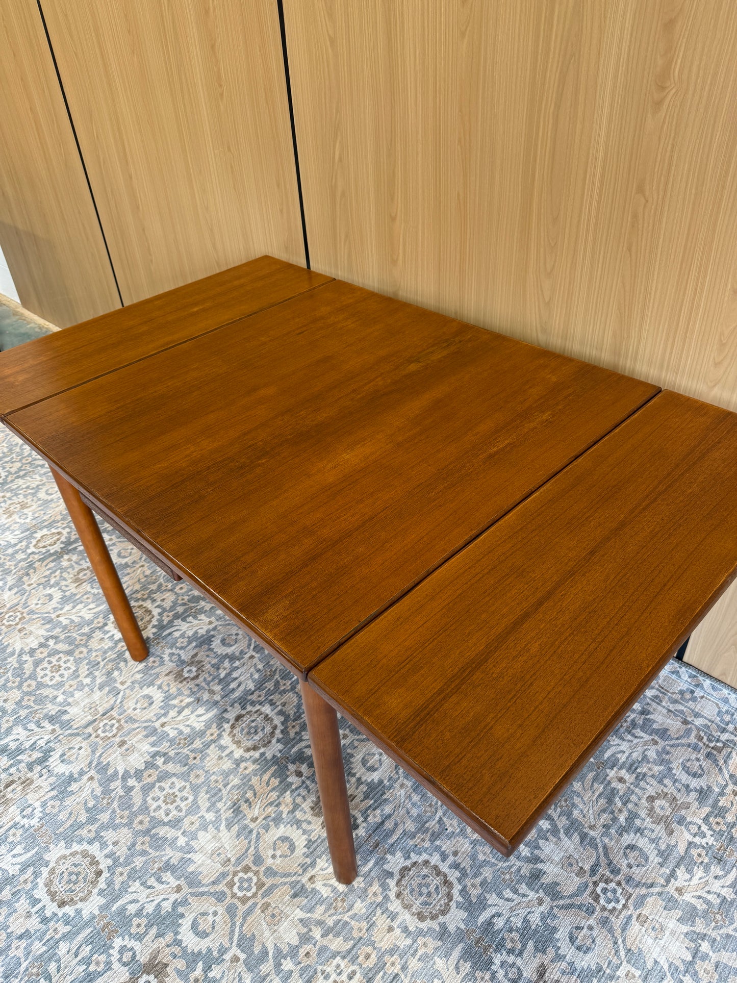 Refinished Teak Square Expanding Dining Table