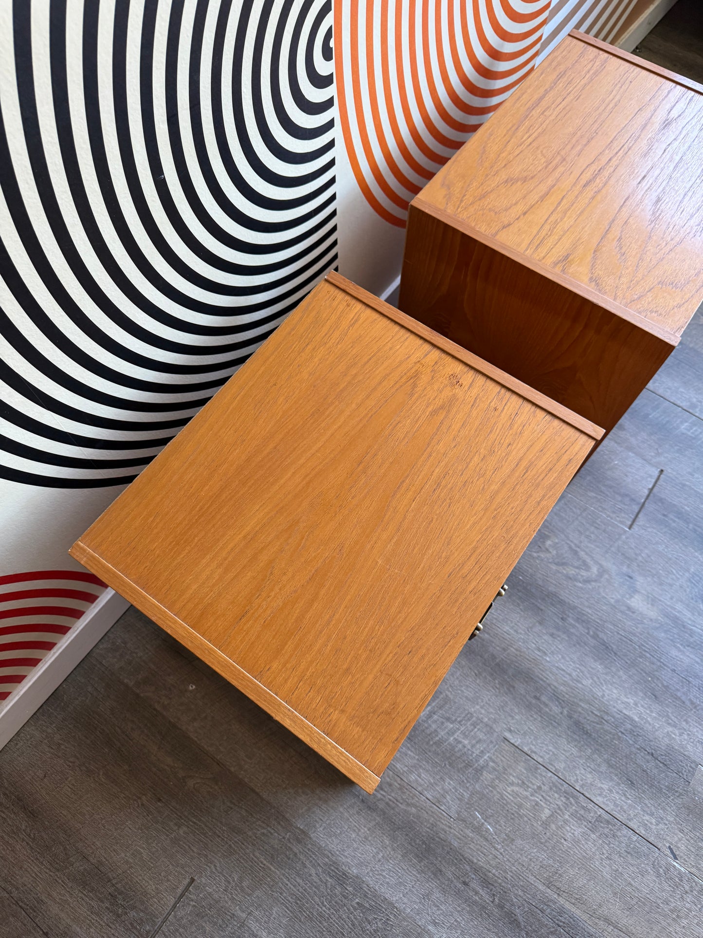 Pair of Teak Nightstands with Metal Pulls