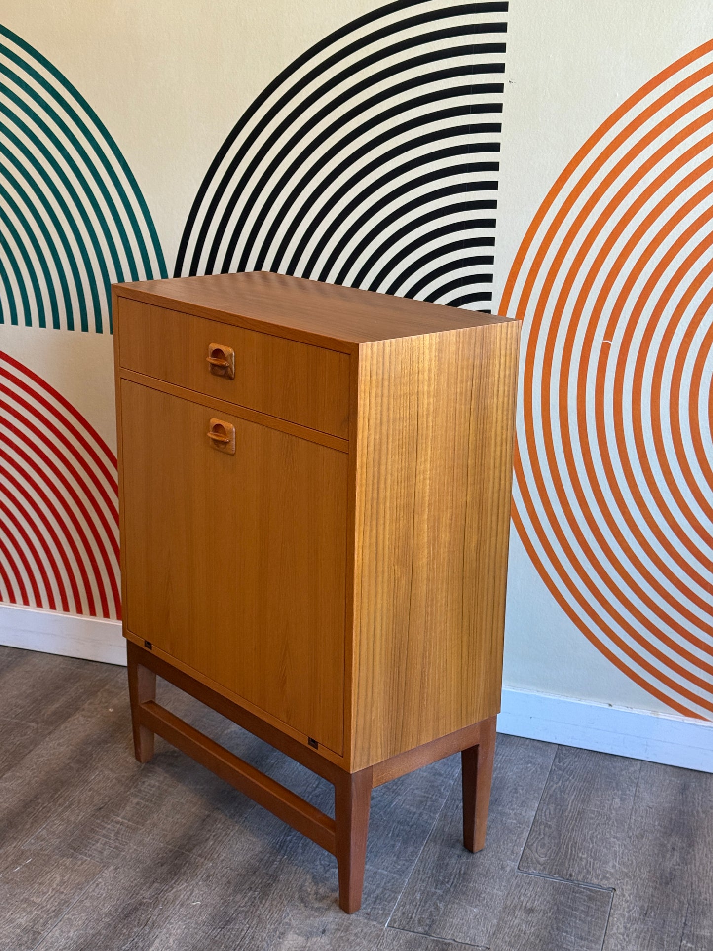 Small Danish Teak Cabinet with a Drop-down Door on Custom Base