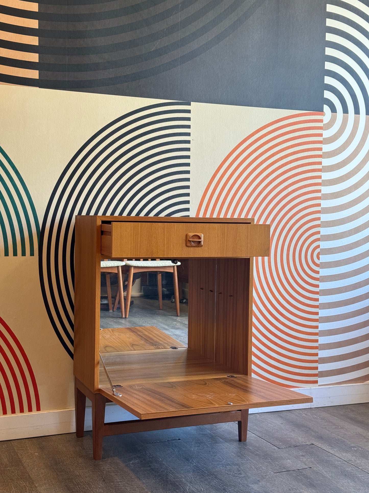 Small Danish Teak Cabinet with a Drop-down Door on Custom Base