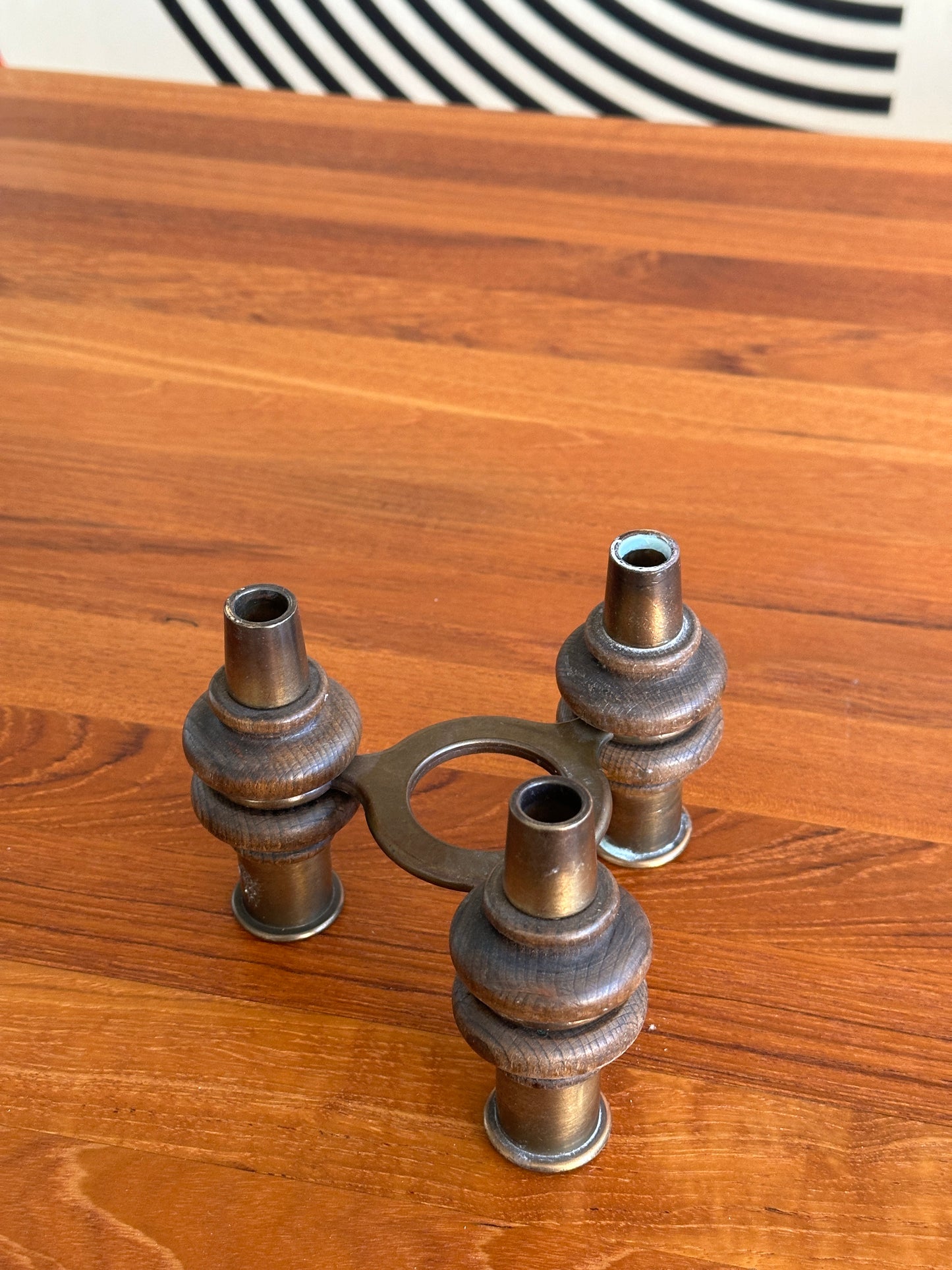 Vintage Wood and Brass Candle Holder