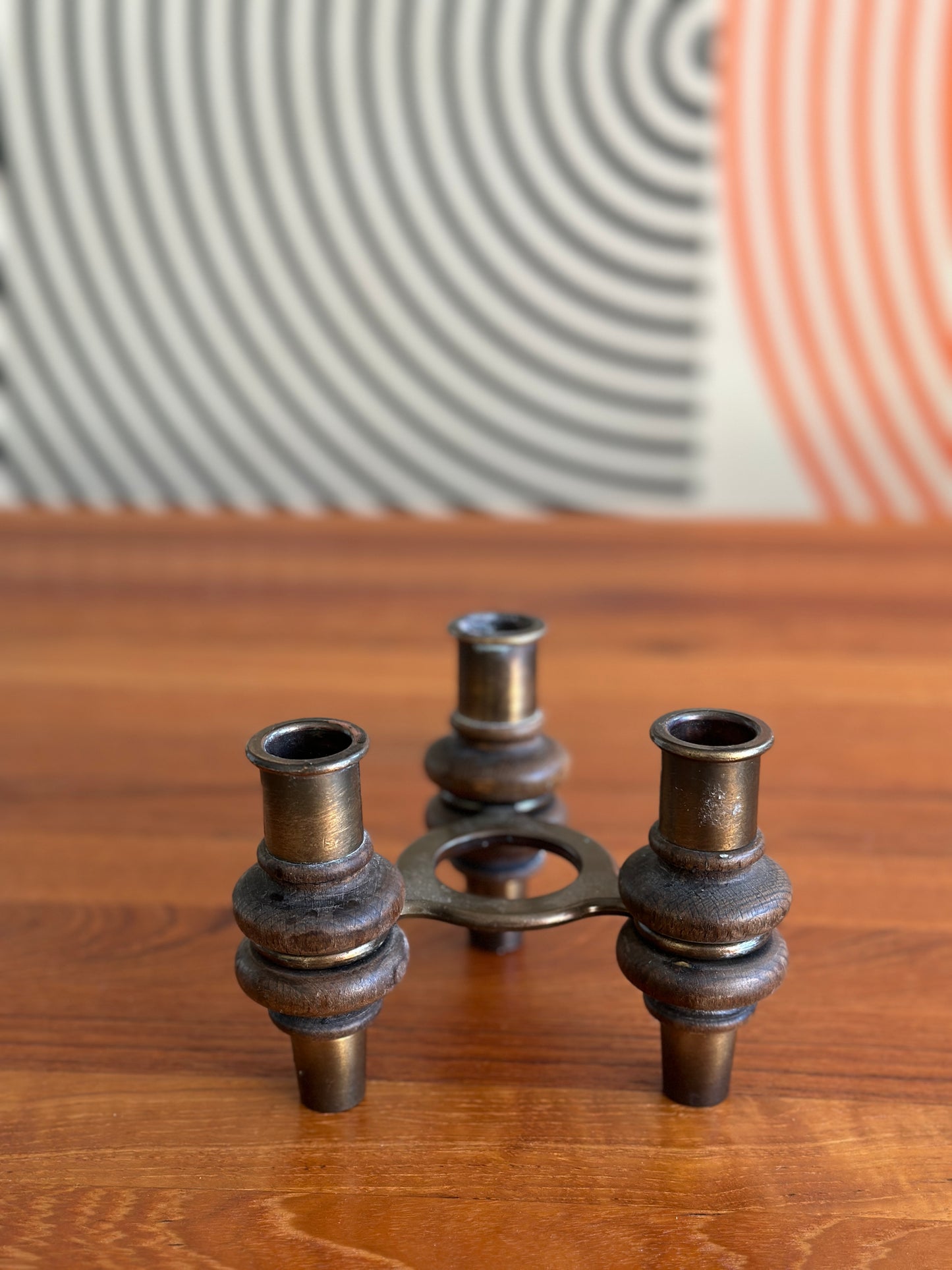 Vintage Wood and Brass Candle Holder