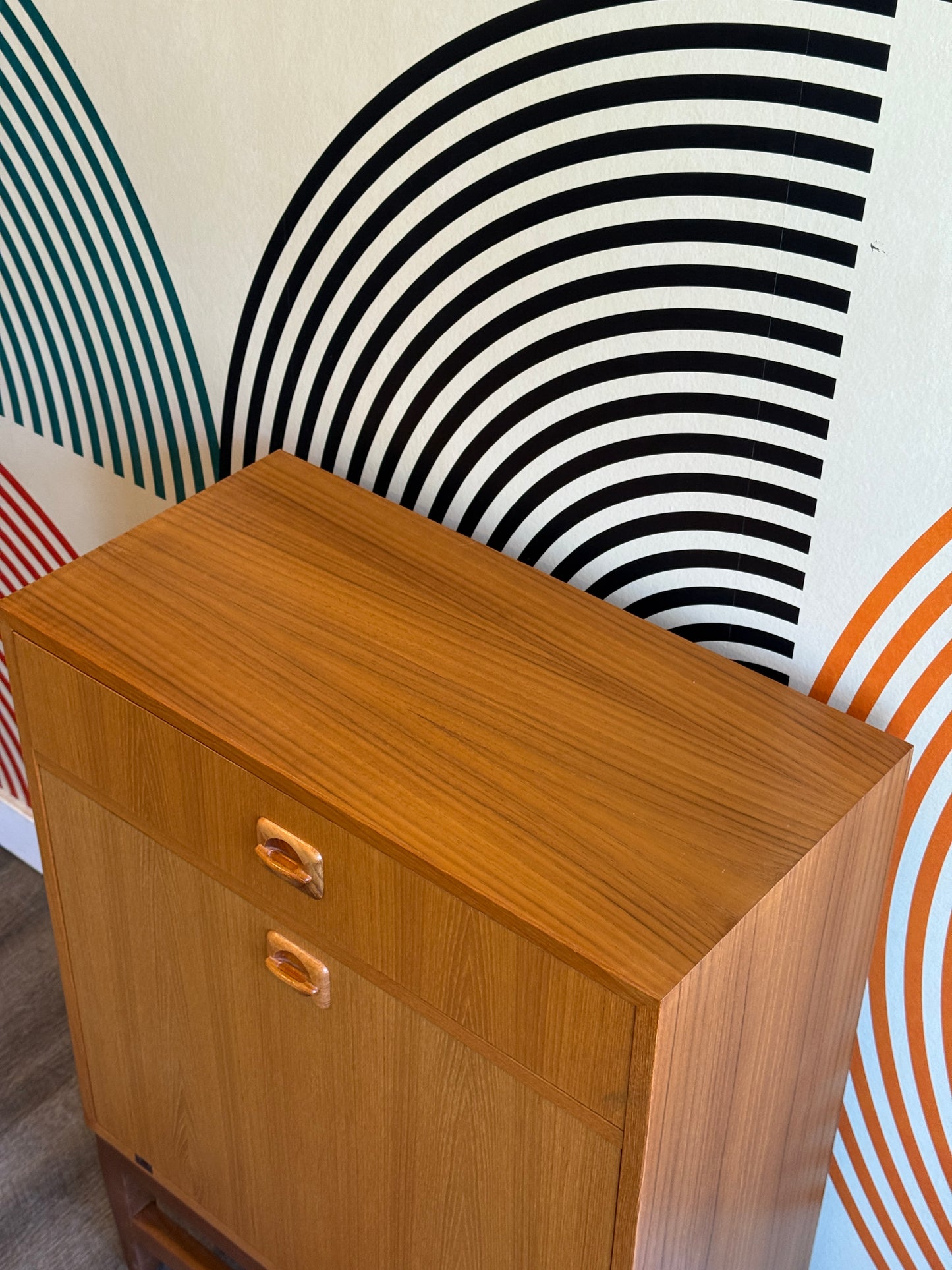 Small Danish Teak Cabinet with a Drop-down Door on Custom Base