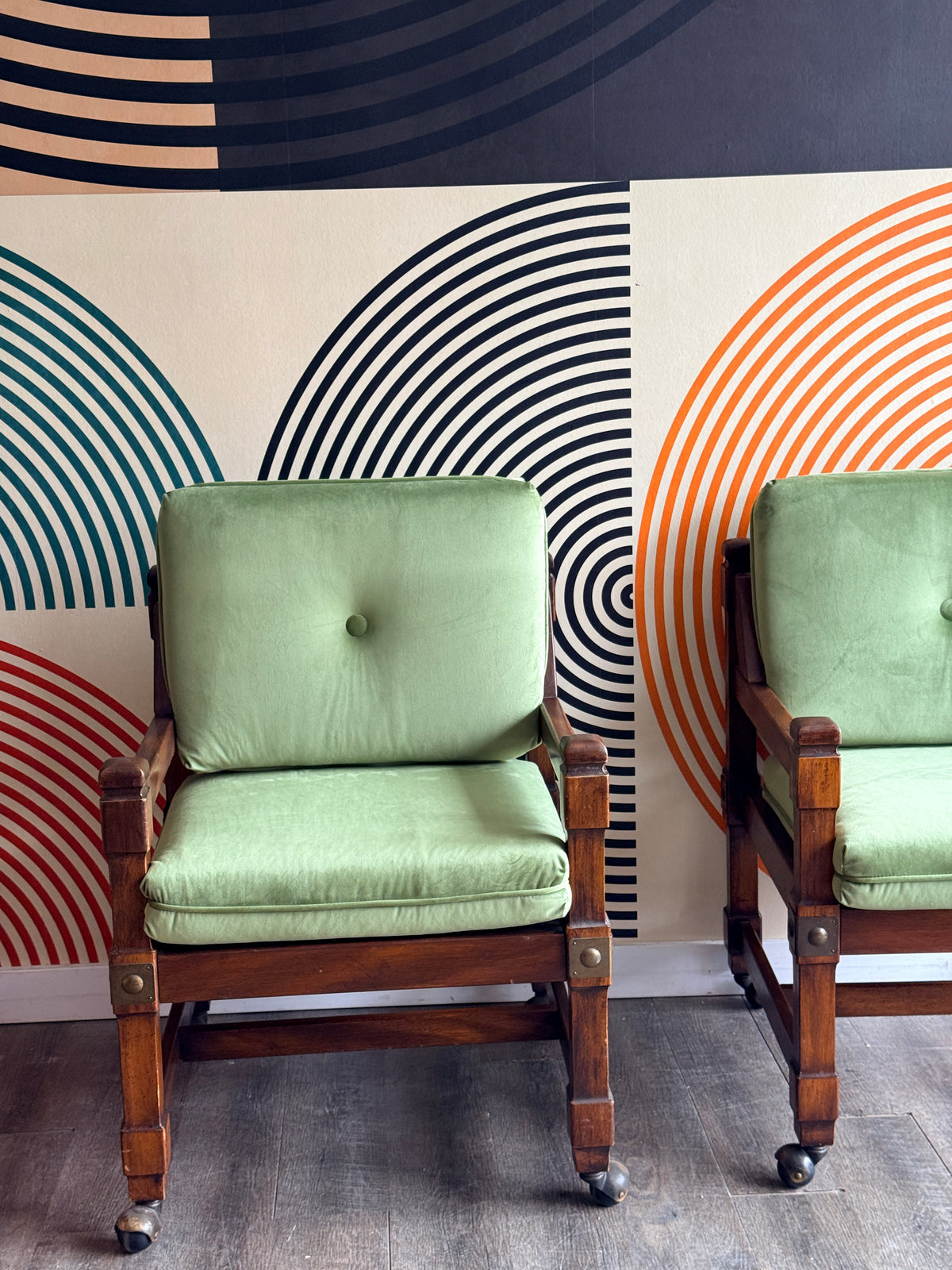 Pair of Vintage Wooden Lounge Chairs with Green Velvet Upholstery