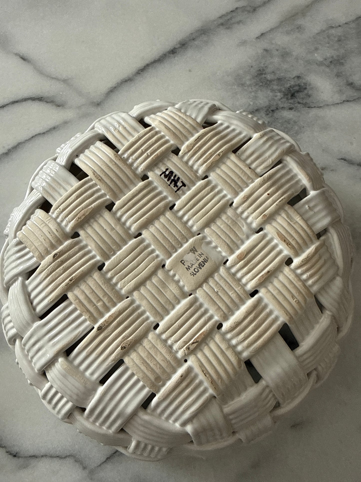 Vintage PCCW White Basket Weave Pottery 12” Large Bowl Made Slovenia