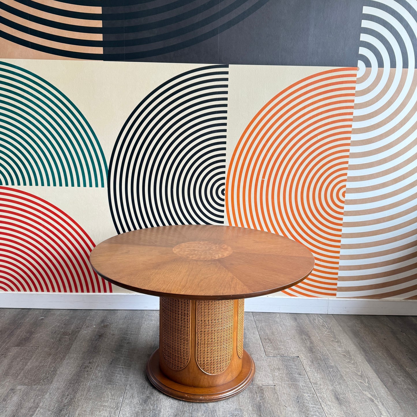 Drexel Round Coffee Table with Woven Wicker Details