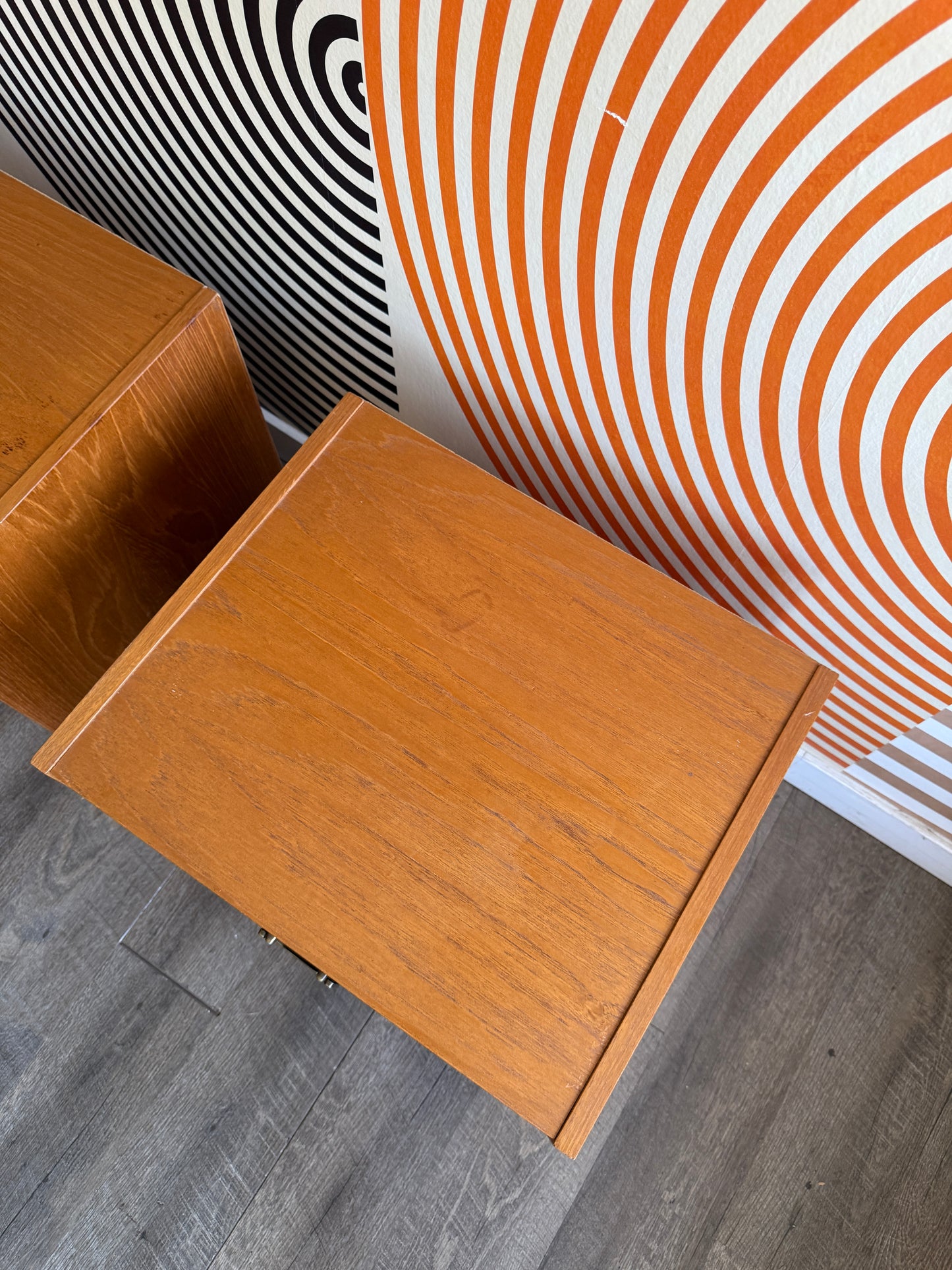 Pair of Teak Nightstands with Metal Pulls