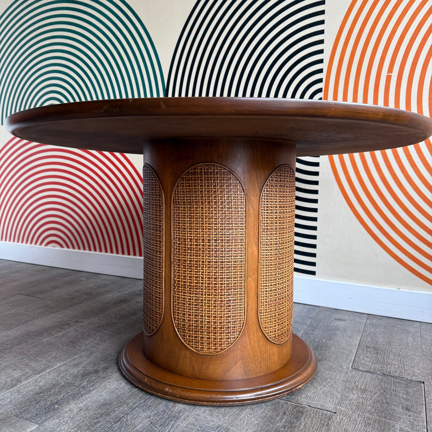 Drexel Round Coffee Table with Woven Wicker Details