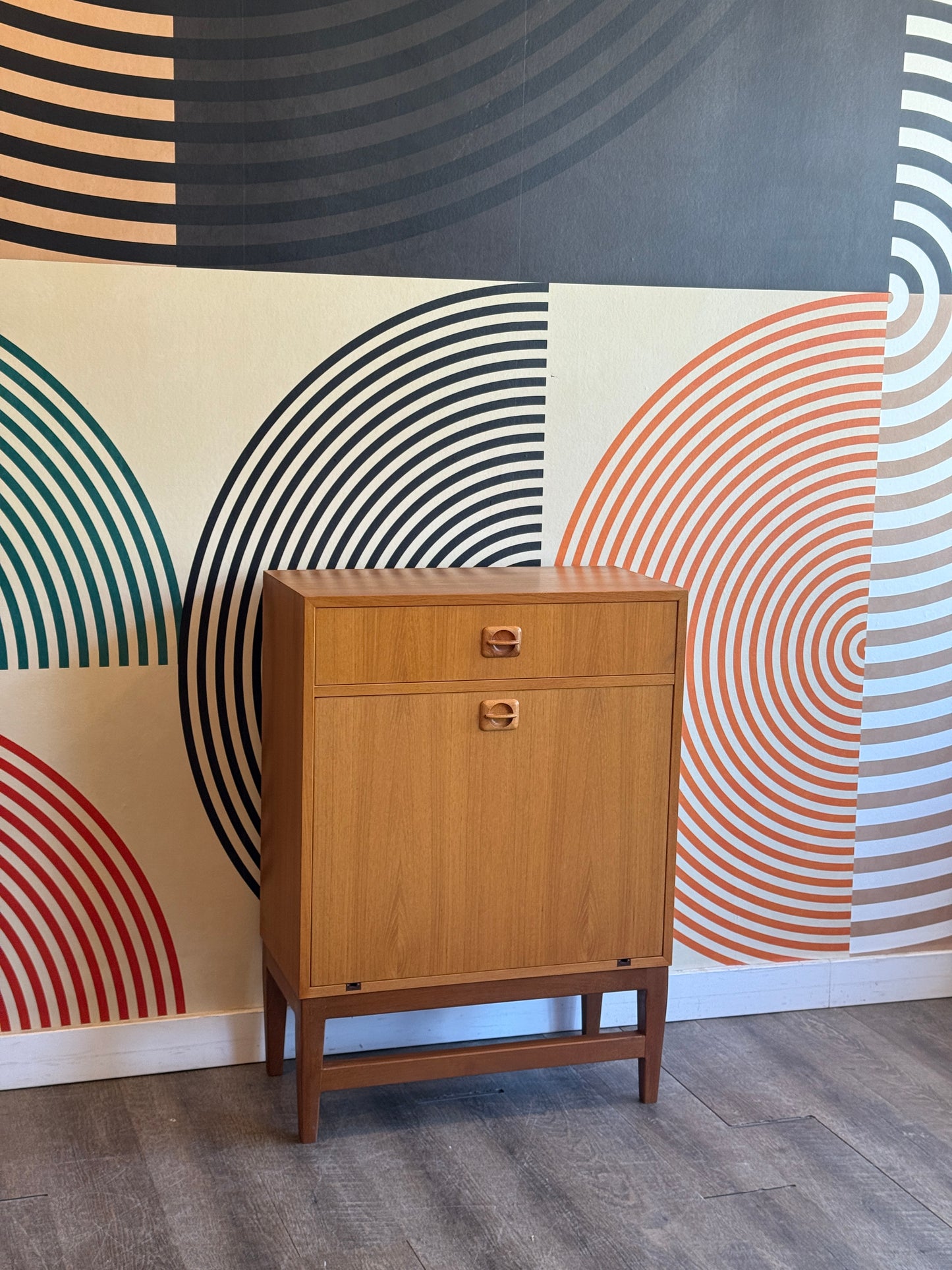 Small Danish Teak Cabinet with a Drop-down Door on Custom Base