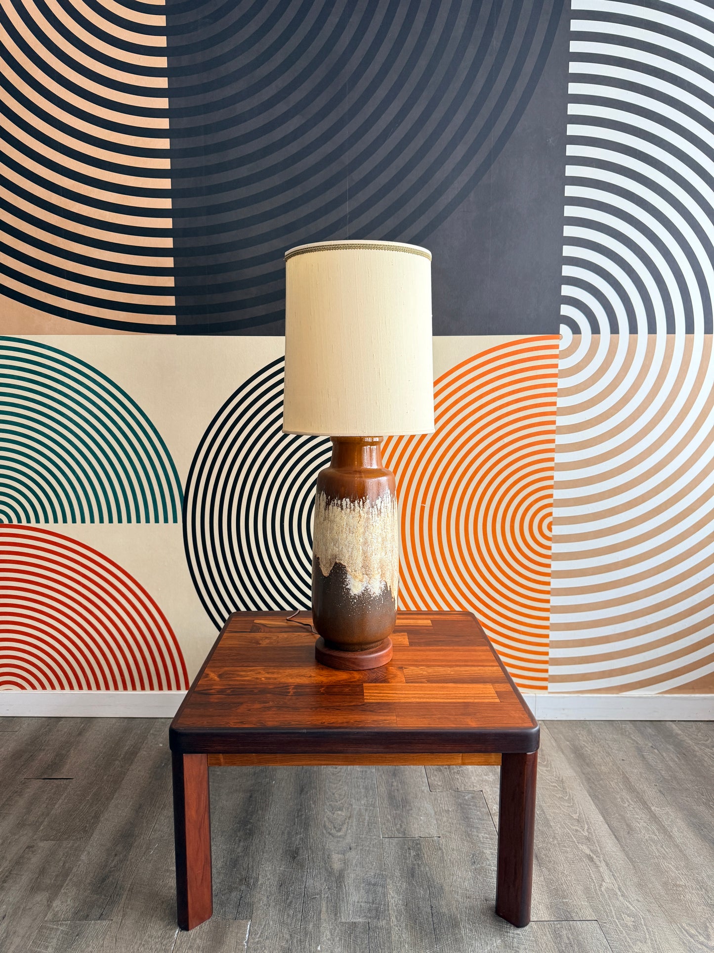 X-Large Vintage German Drip Ceramic Lamp on Teak Base