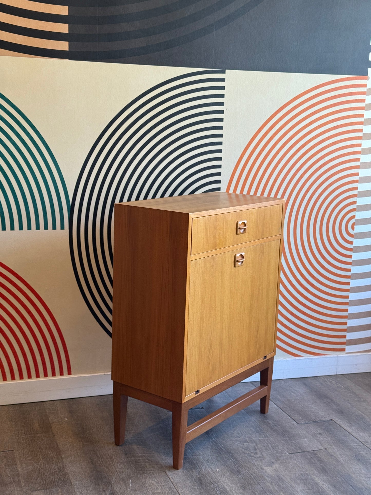 Small Danish Teak Cabinet with a Drop-down Door on Custom Base