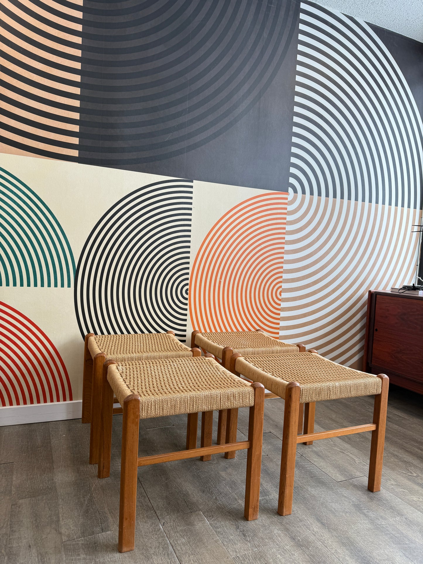 Vintage Teak and Papercord Stools by Sun Cabinet, Thailand