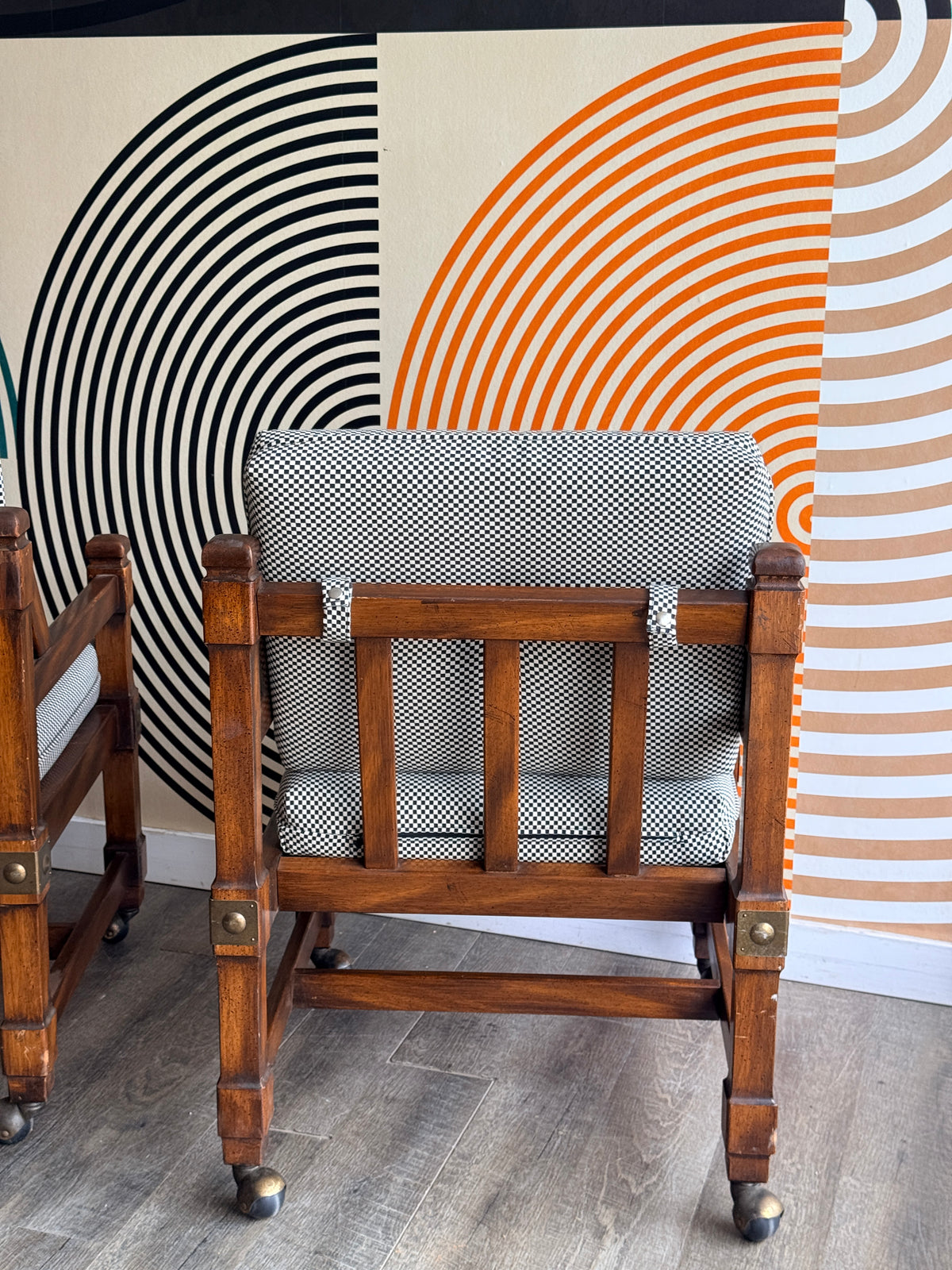 Pair of Vintage Wooden Chairs with Checkered Upholstery