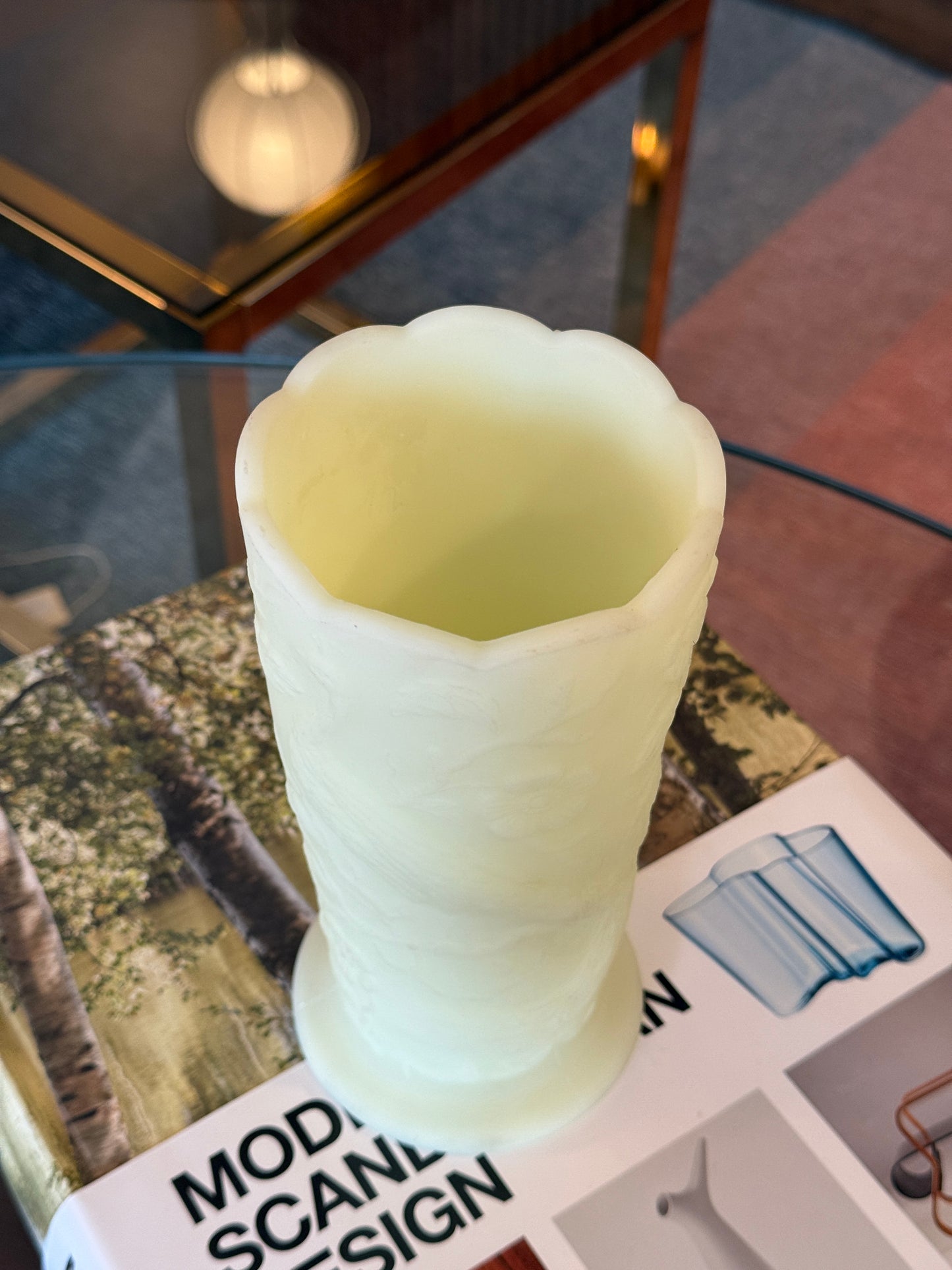 Vintage Fenton Satin Finish Custard Glass Peacock Vase