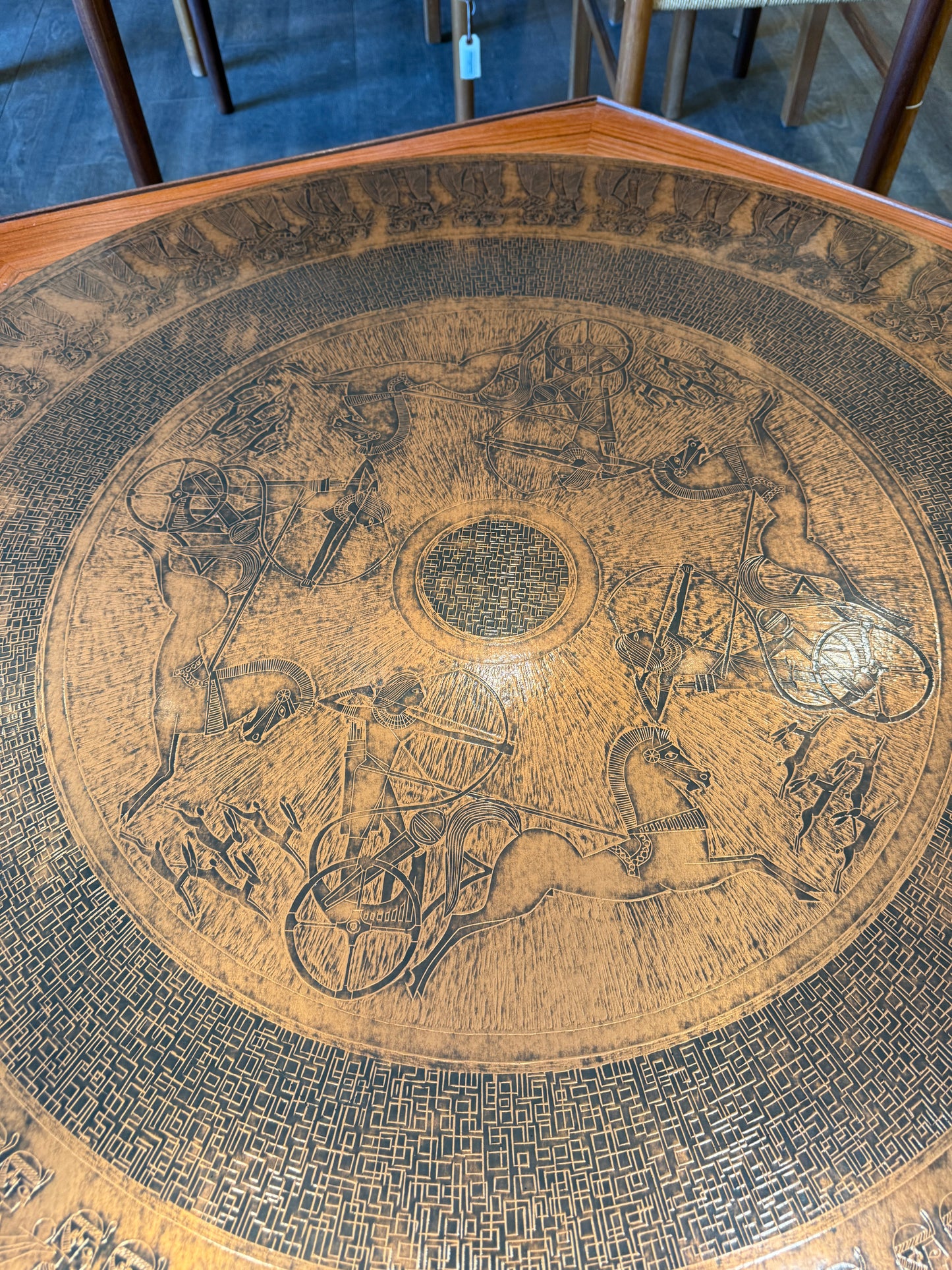 Large Hexagon Walnut & Egyptian Motif Copper Top Coffee Table