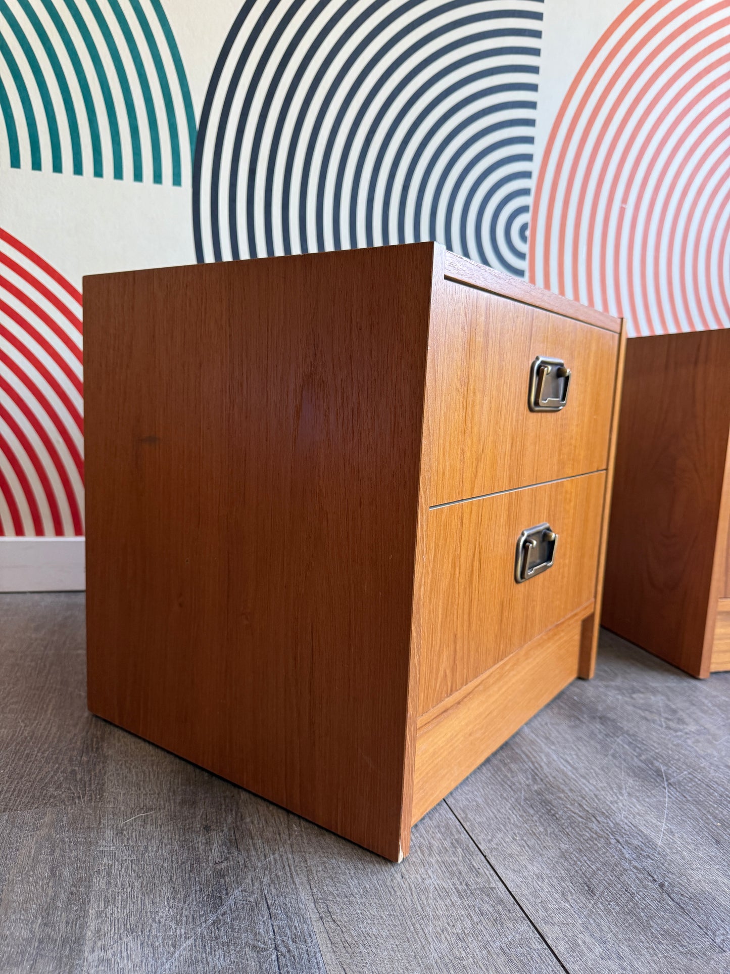 Pair of Teak Nightstands with Metal Pulls