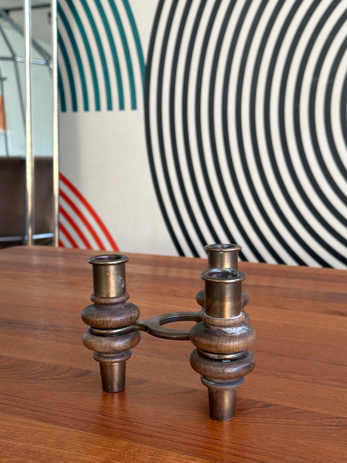 Vintage Wood and Brass Candle Holder