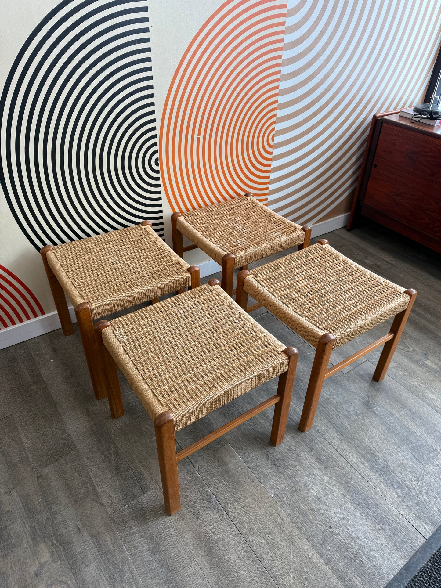 Vintage Teak and Papercord Stools by Sun Cabinet, Thailand
