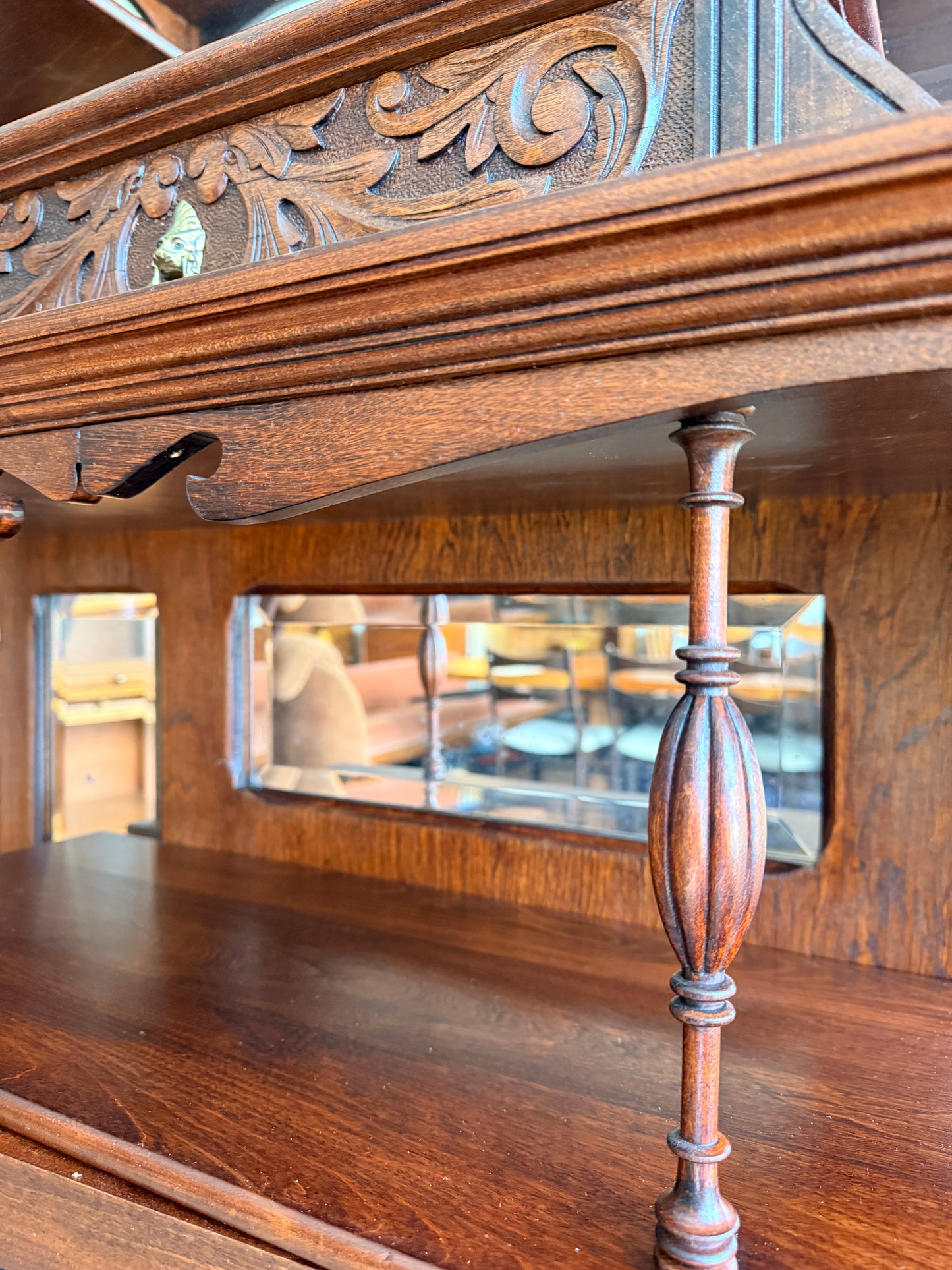Antique Art Nouveau Mahogany Etagere with Beveled Mirror