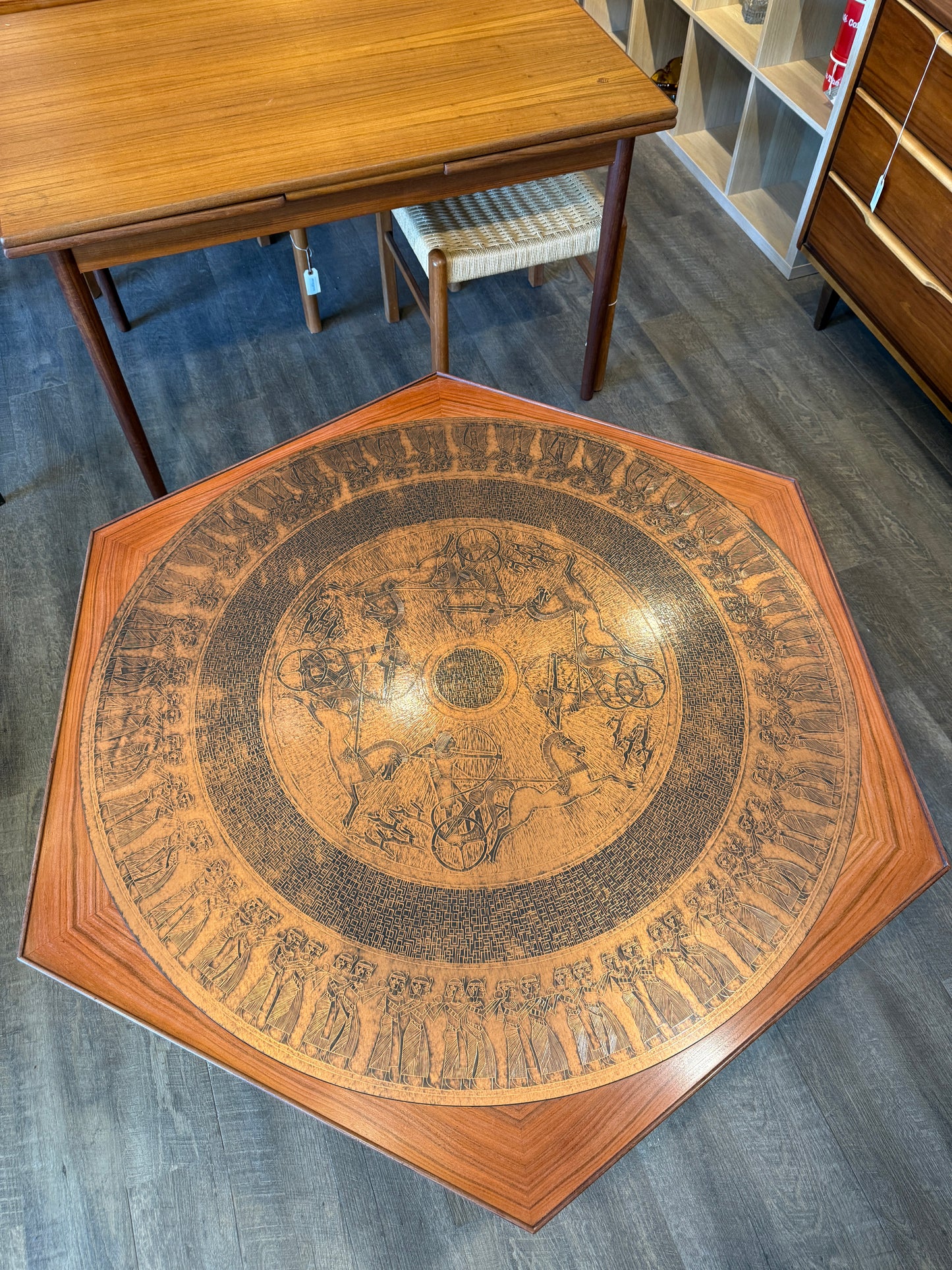 Large Hexagon Walnut & Egyptian Motif Copper Top Coffee Table