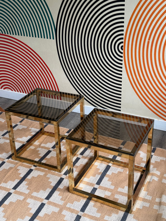 Pair of Vintage Brass and Glass Cube Side Tables