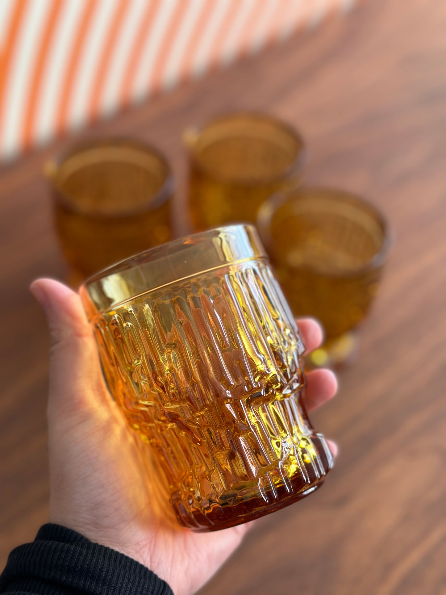 Set of 4 Vintage Textured Amber Glasses