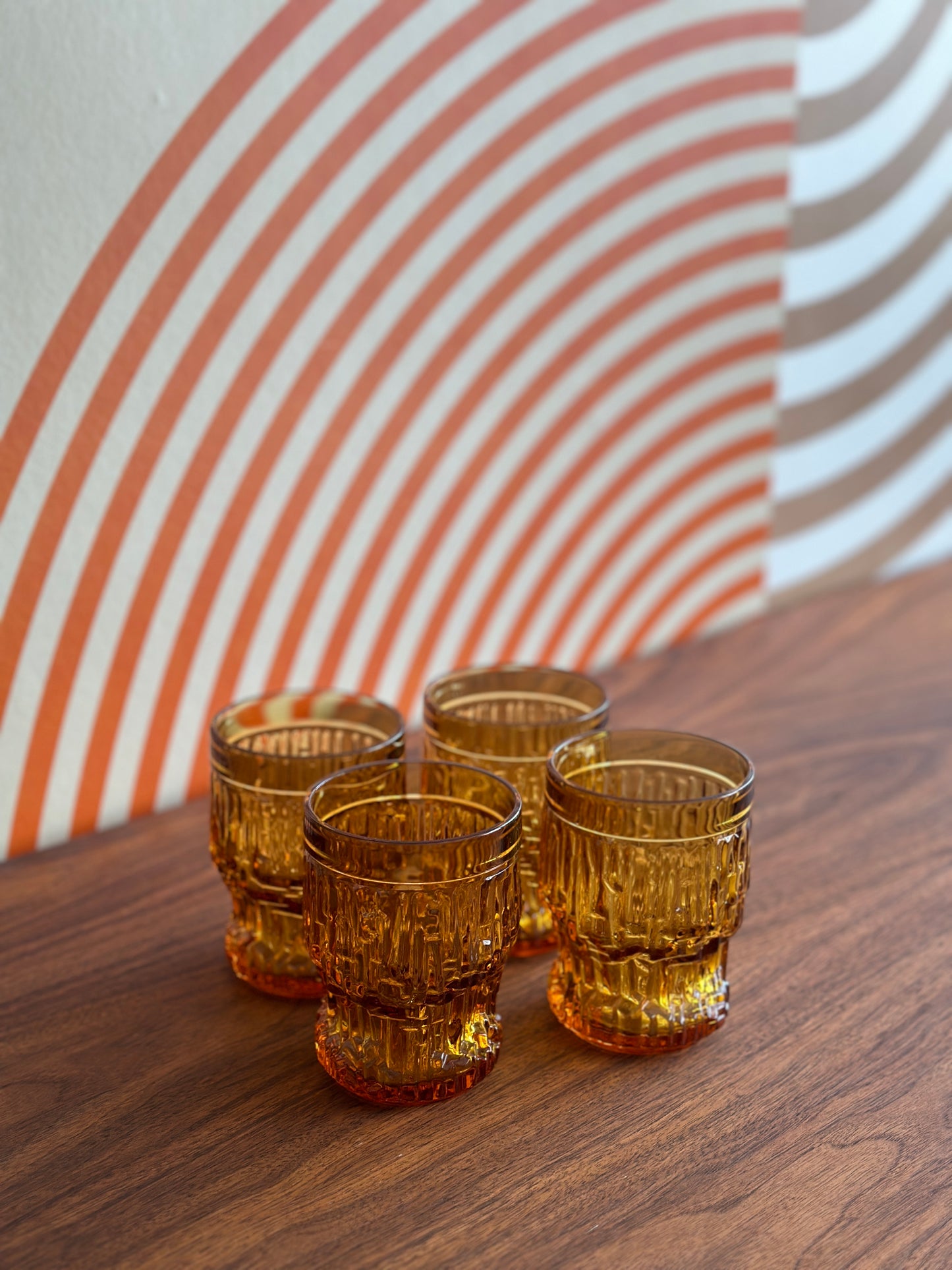 Set of 4 Vintage Textured Amber Glasses