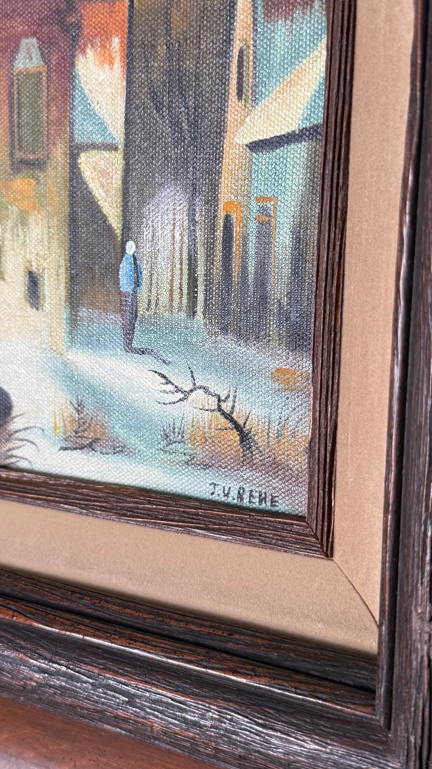 Vintage Framed Village Scene Painting