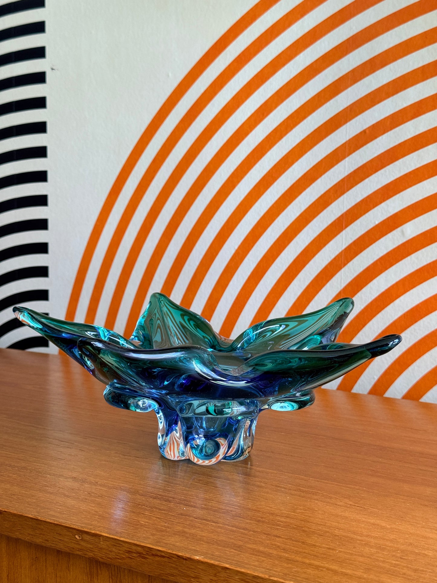 Vintage Blue and Teal Handblown Glass Bowl