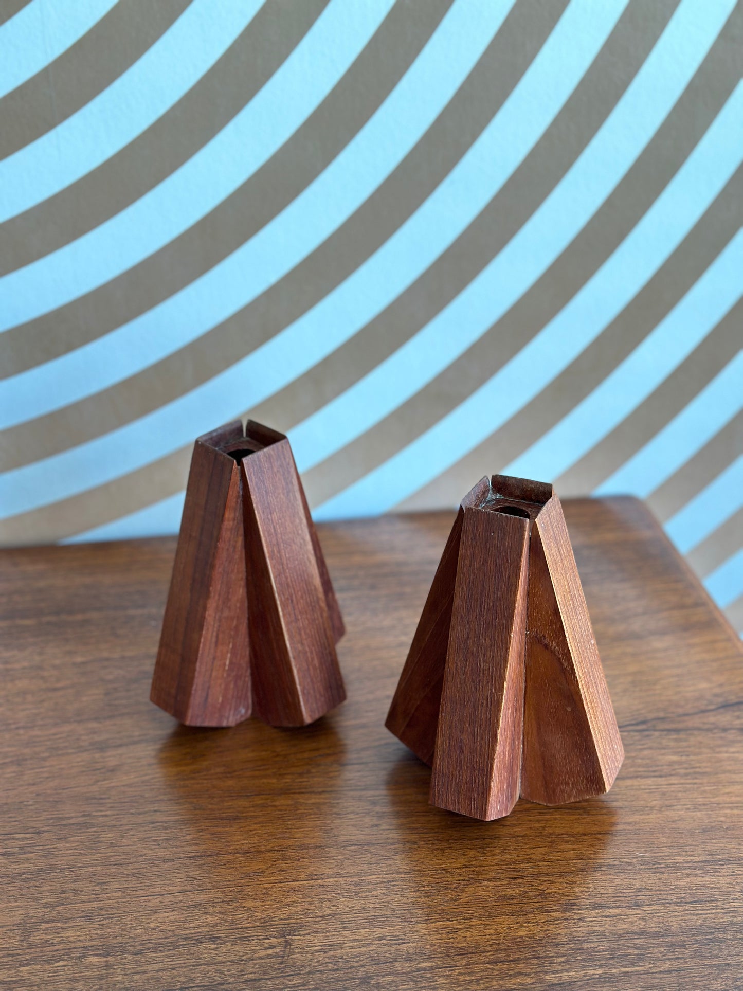 Pair of Solid Teak Candle Holders