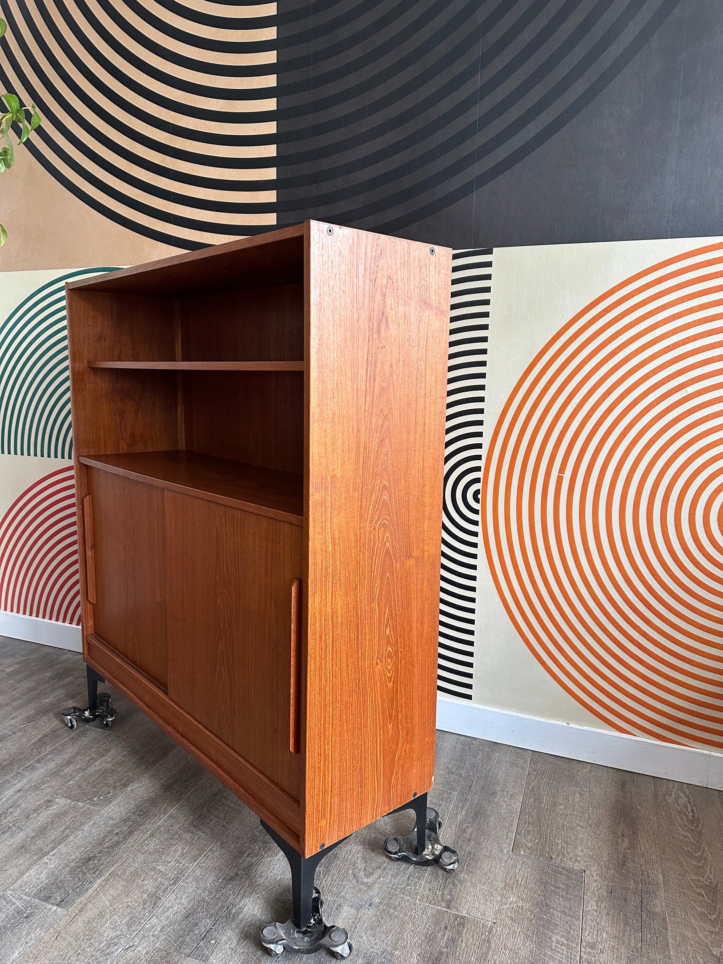 Vintage Teak Cabinet with Sliding Doors on Metal Legs