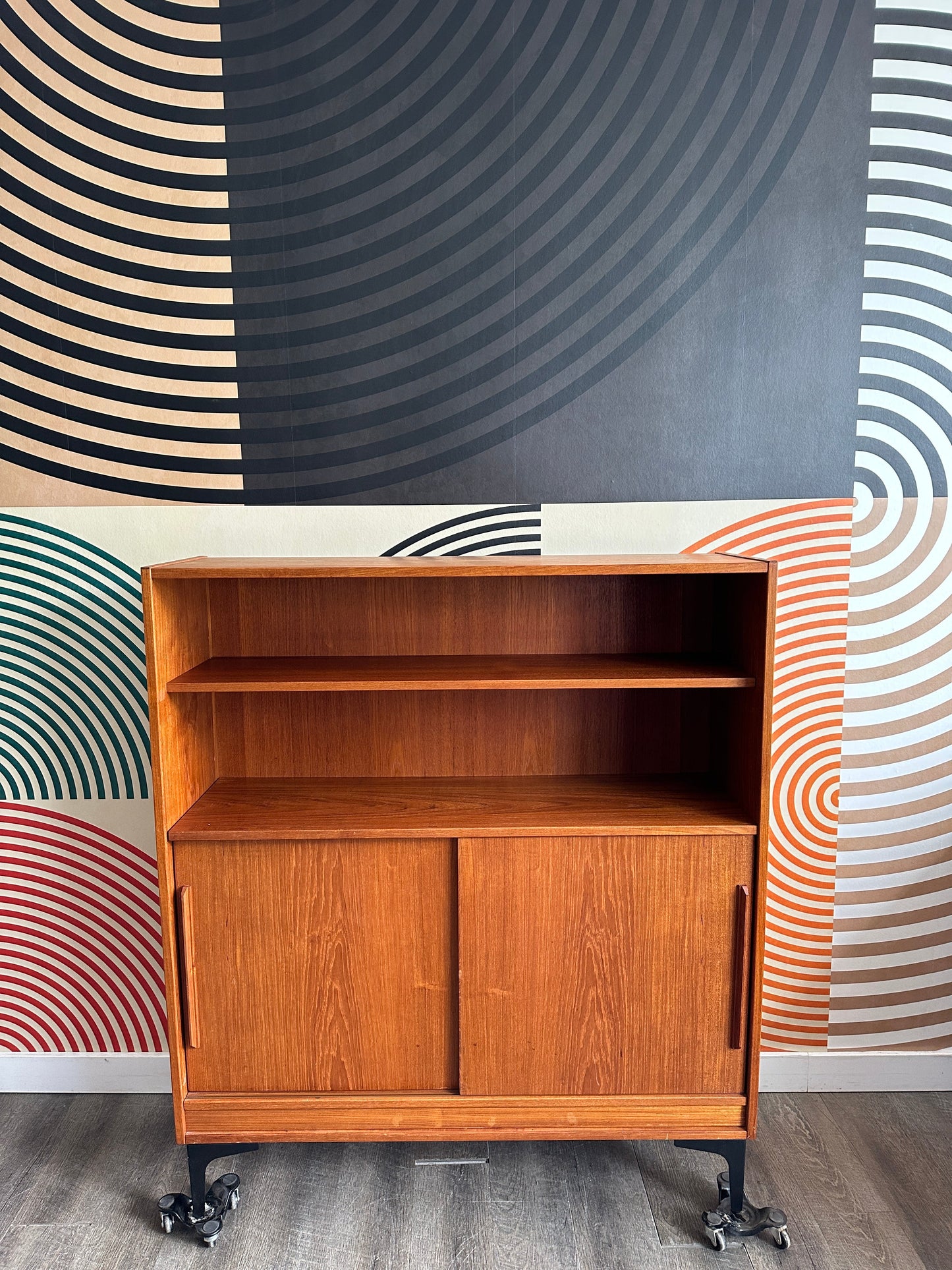 Vintage Teak Cabinet with Sliding Doors on Metal Legs
