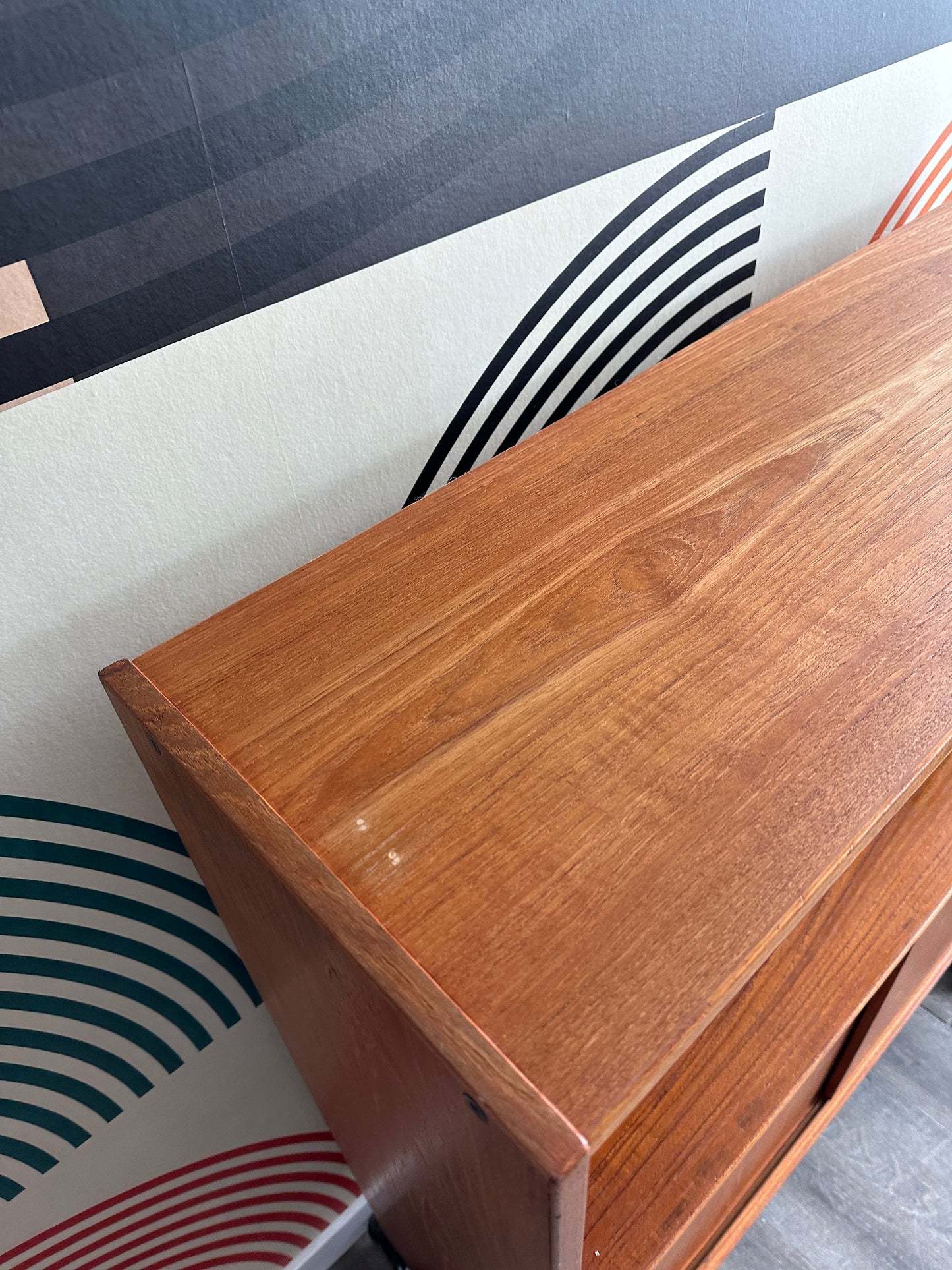 Vintage Teak Cabinet with Sliding Doors on Metal Legs