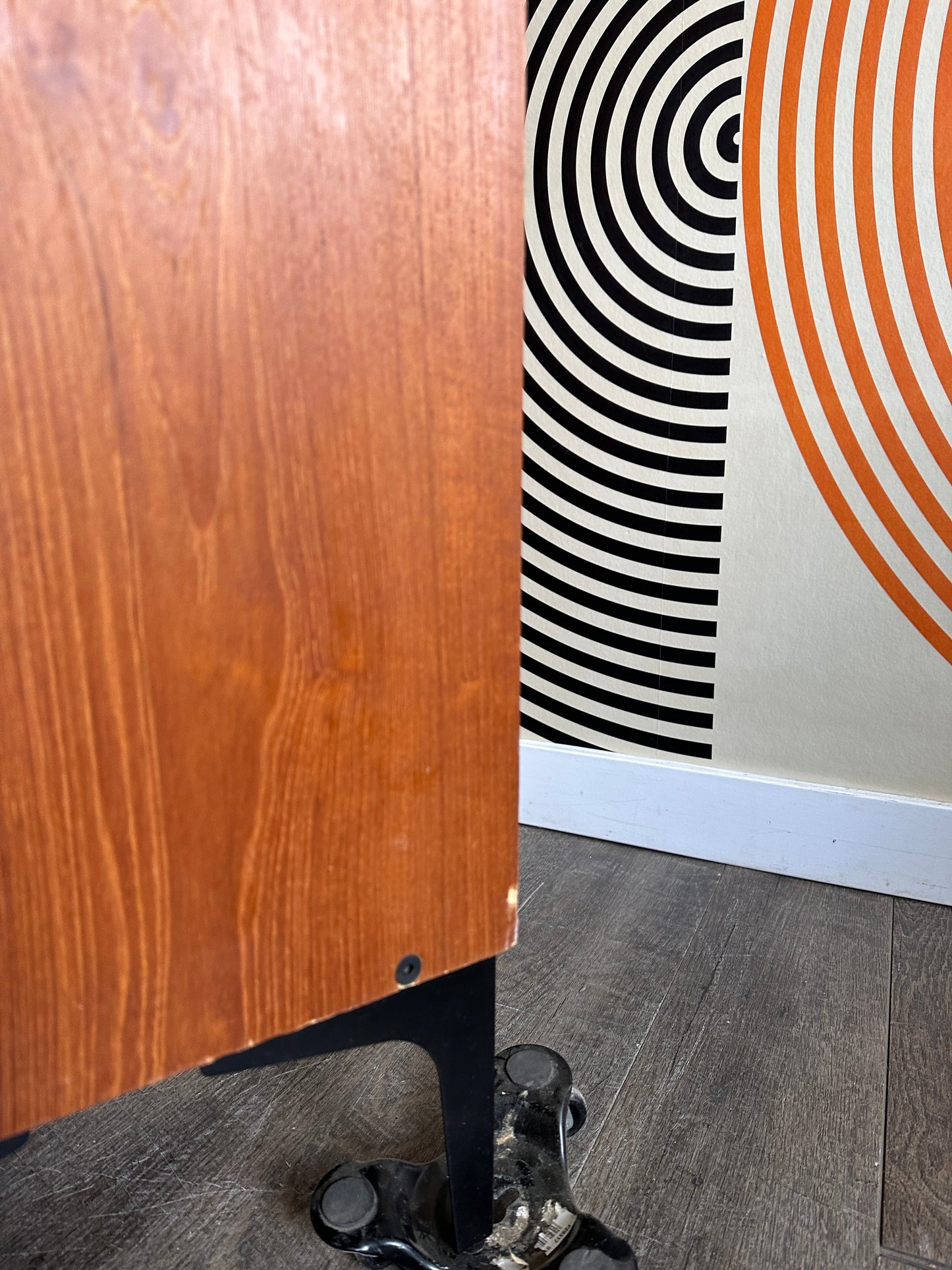 Vintage Teak Cabinet with Sliding Doors on Metal Legs