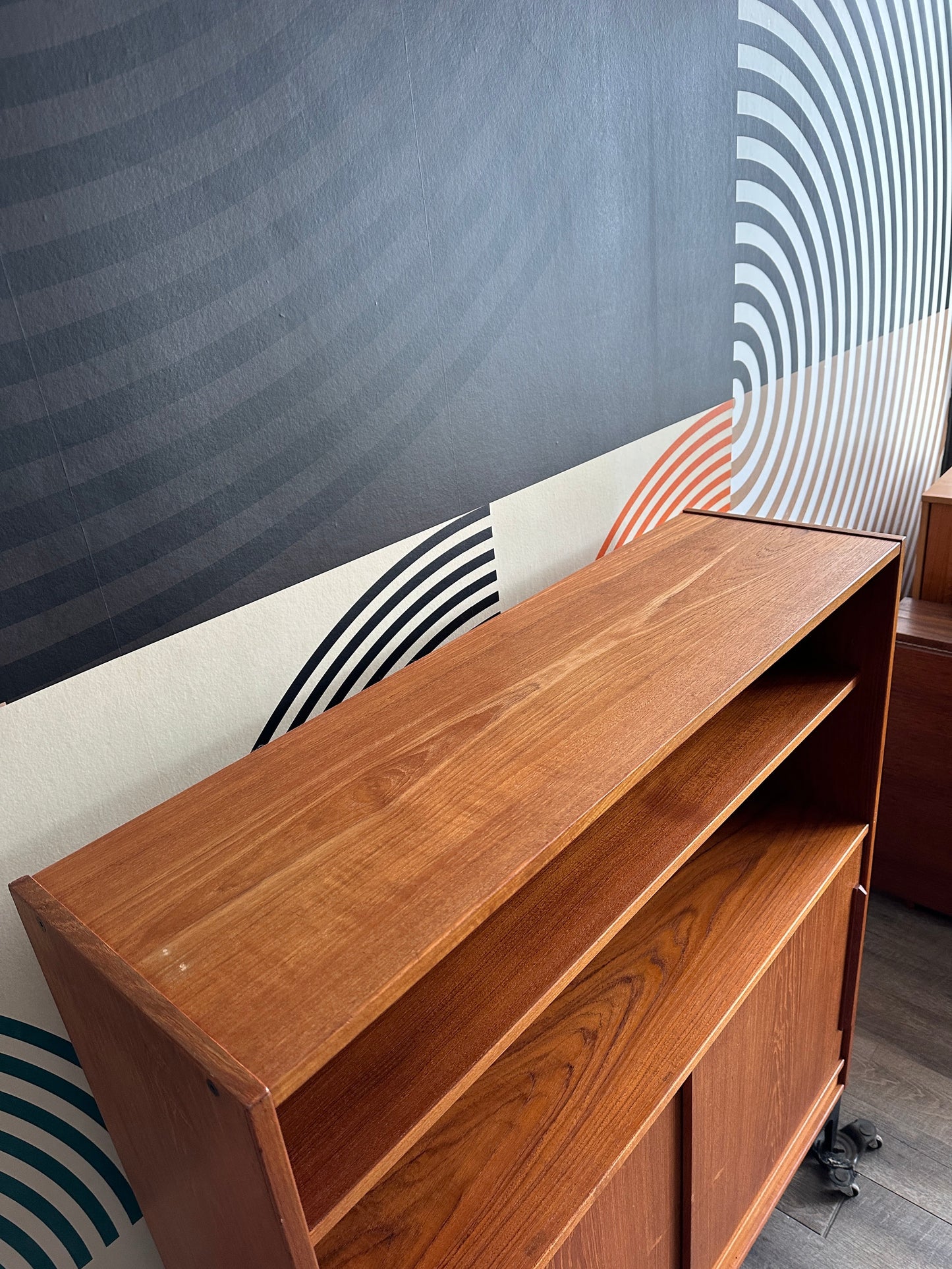 Vintage Teak Cabinet with Sliding Doors on Metal Legs