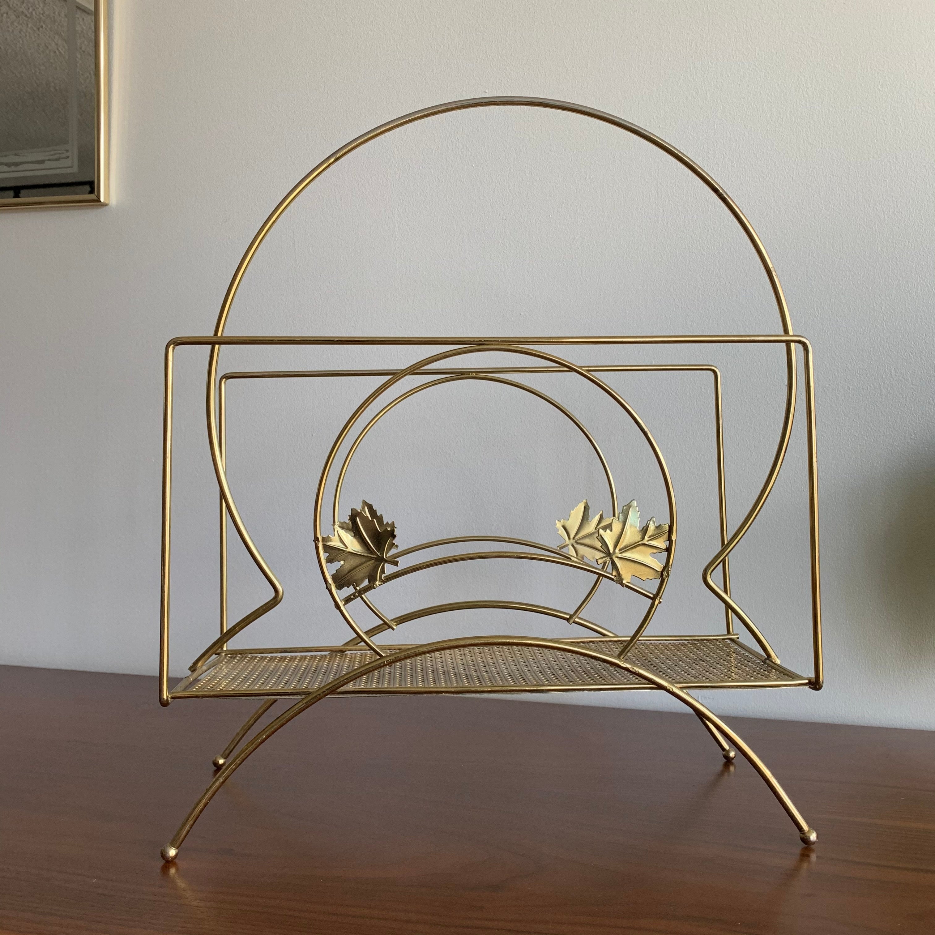 Vintage brass swan magazine rack, Italy 1940s