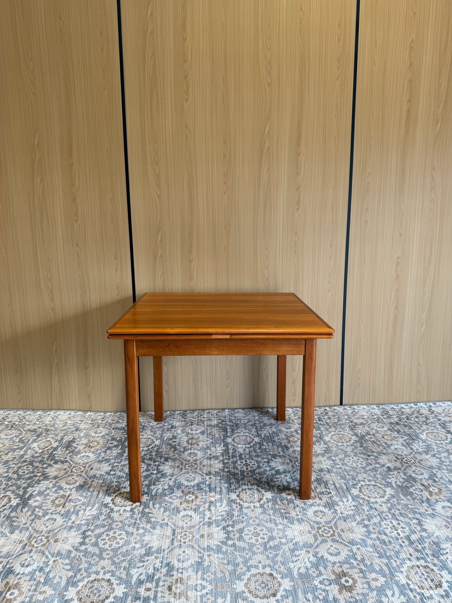 Refinished Rounded-Edge Square Teak Drop-Leaf Dining Table