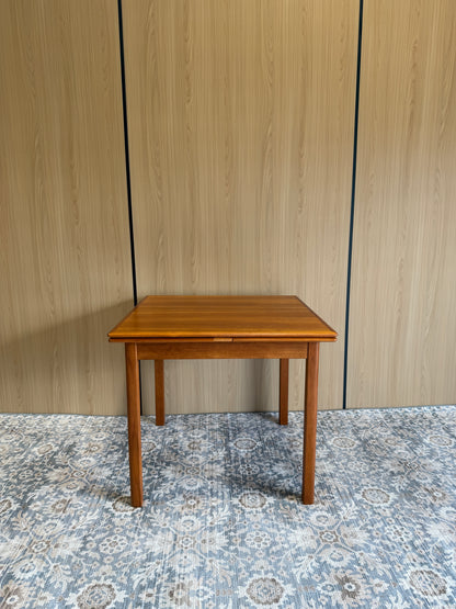 Refinished Rounded-Edge Square Teak Drop-Leaf Dining Table