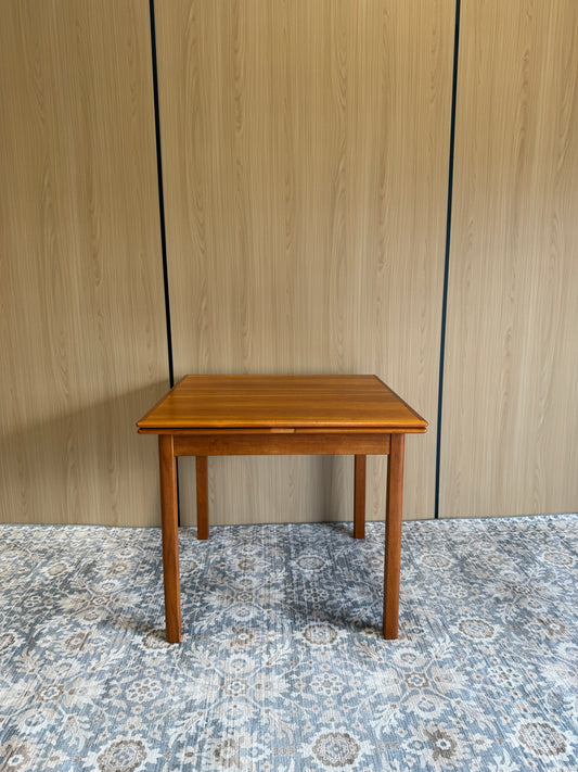 Refinished Rounded-Edge Square Teak Drop-Leaf Dining Table
