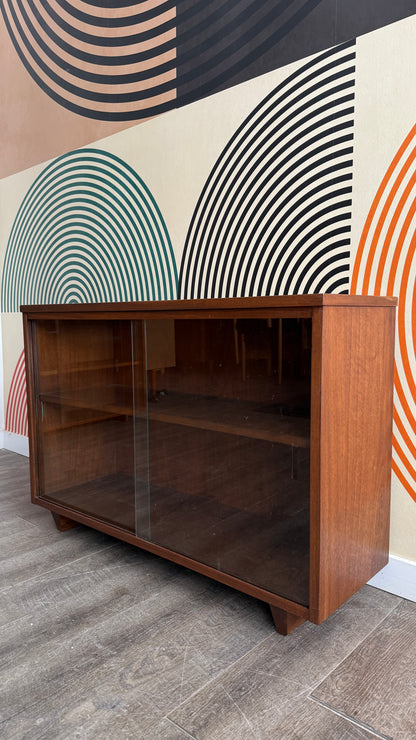 Vintage Walnut Bookcase with Sliding Glass Doors