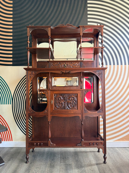 Antique Art Nouveau Mahogany Etagere with Beveled Mirror