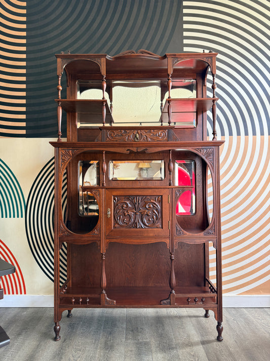 Antique Art Nouveau Mahogany Etagere with Beveled Mirror
