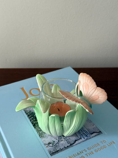 Vintage Fitz and Floyd Pink Butterfly on Green Leaves Tealight Candle Holder