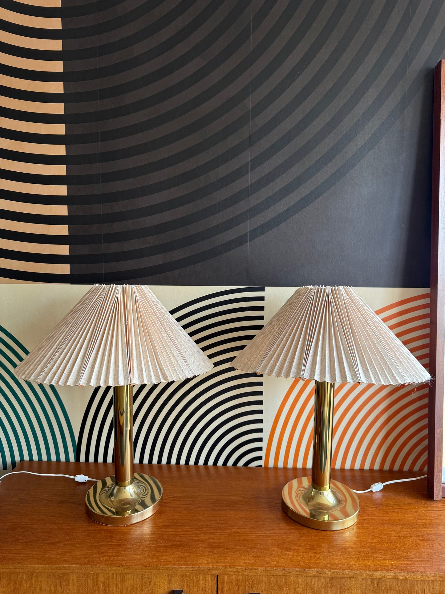 Pair of Vintage Brass Table Lamps with Pleated Shades