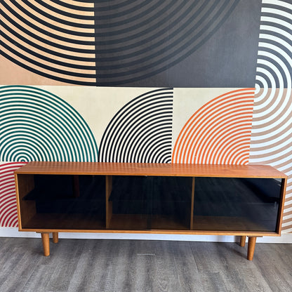 Low Vintage Teak Cabinet with Smoked Glass Doors