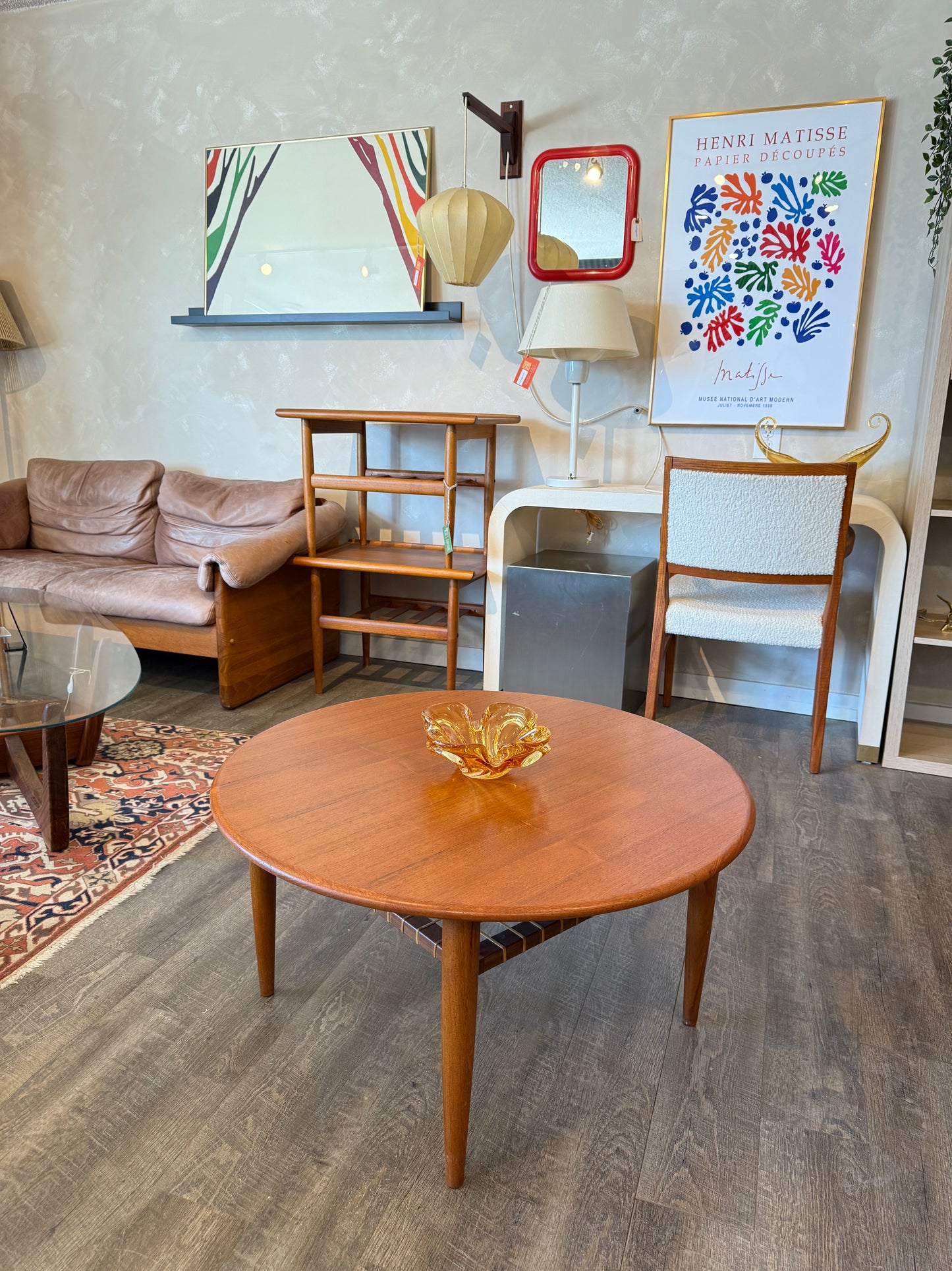 Vintage Round Teak and Rattan Coffee Table