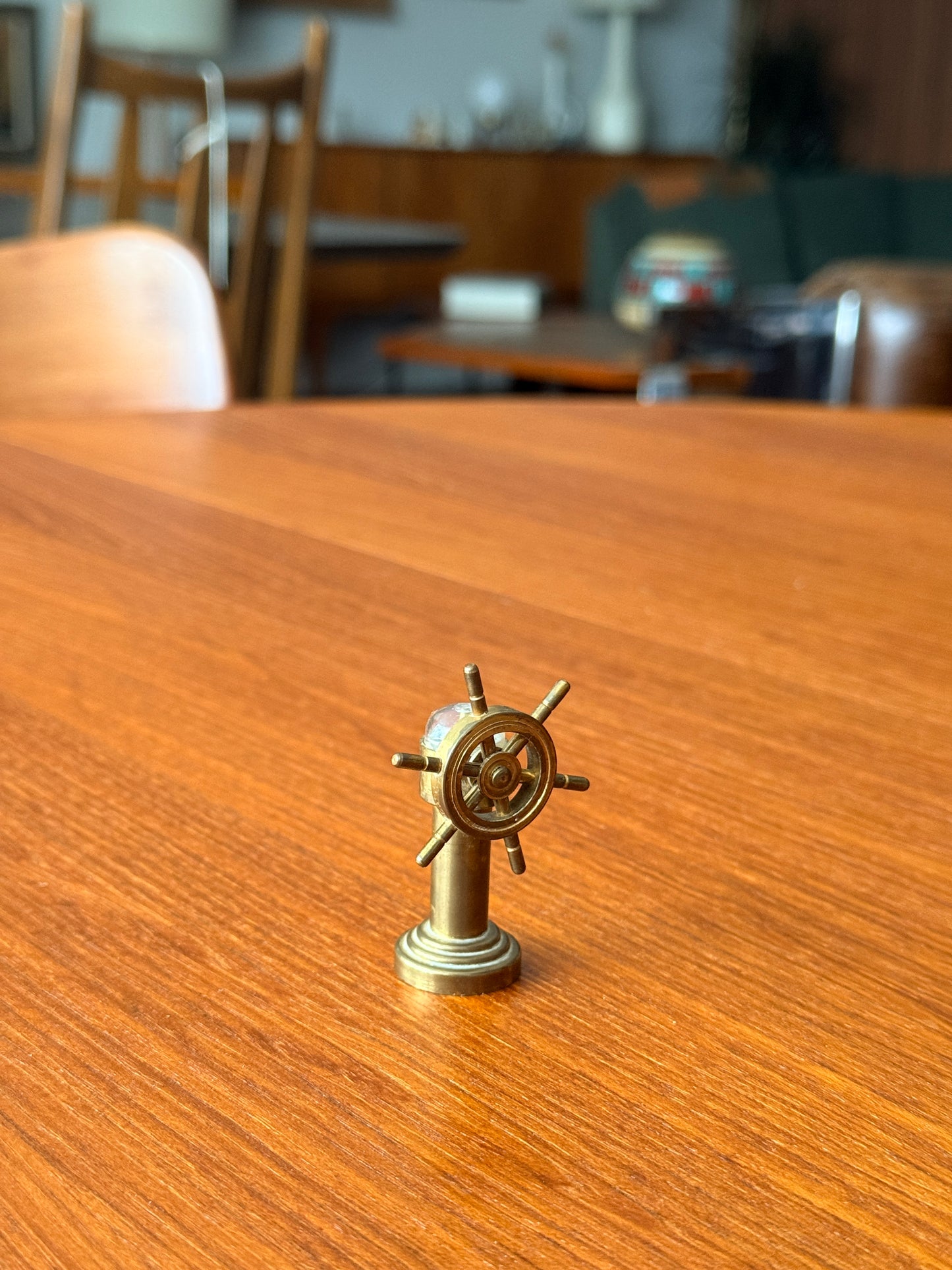Vintage Miniature Brass Nautical Ship Wheel with Compass