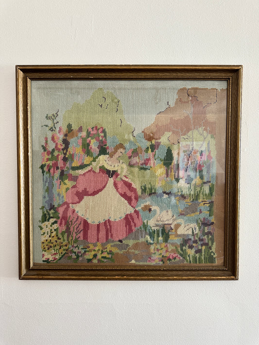 Vintage Cross Stitch Lady and Swans Art